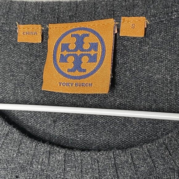 Tory Burch | Sparkle Logo Crewneck Wool Cashmere Blend Grey Sweater - Picture 5 of 6
